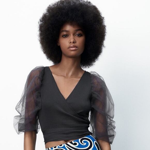 Zara organza statement puff sleeve knit cropped wrap top size large NWT - Picture 2 of 16